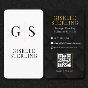 Quilted Luxury Black White Gold Monogram QR Code Business Card