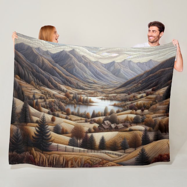Quilted Mountain Landscape Scene Blue Fleece Blanket (In Situ)