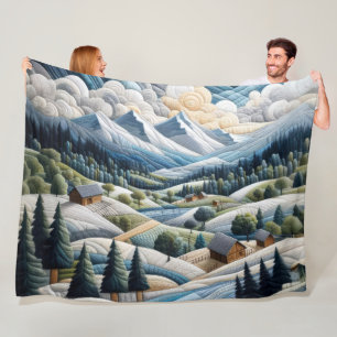 Quilted Mountain Landscape Scene Blue Fleece Blanket