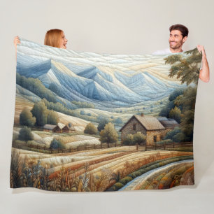 Quilted Mountain Landscape Scene Blue Fleece Blanket