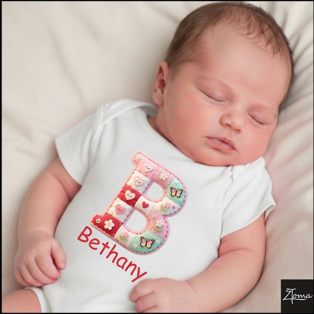 Quilted Patchwork Initial Letter B Nursery Baby Bodysuit (This is a sample design. There are several models to choose from, with the name and color changed.)