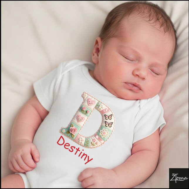 Quilted Patchwork Initial Letter D Nursery Baby Bodysuit (This is a sample design. There are several models to choose from, with the name and color changed.)