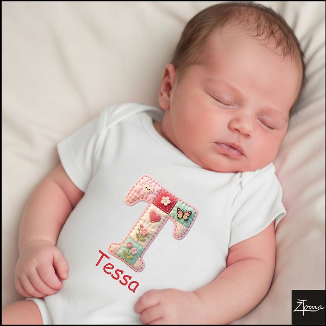 Quilted Patchwork Initial Letter T Nursery Baby Bodysuit (This is a sample design. There are several models to choose from, with the name and color changed.)