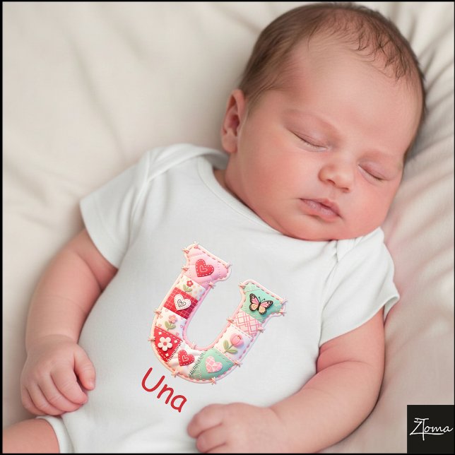 Quilted Patchwork Initial Letter U Nursery Baby Bodysuit (This is a sample design. There are several models to choose from, with the name and color changed.)