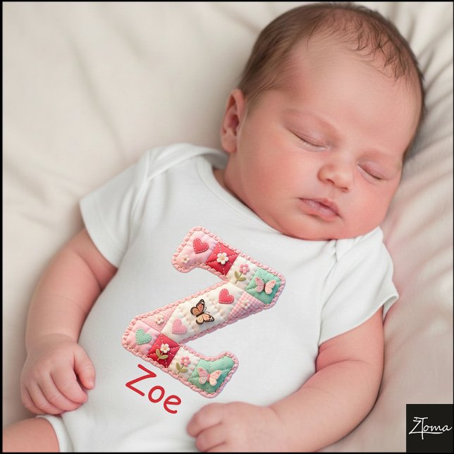 Quilted Patchwork Initial Letter Z Nursery Baby Bodysuit (This is a sample design. There are several models to choose from, with the name and color changed.)