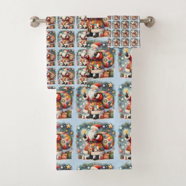 Quilted Patchwork Santa with Christmas Stars Bath Towel Set (Insitu)