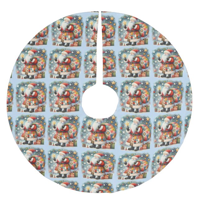 Quilted Patchwork Santa with Christmas Stars Brushed Polyester Tree Skirt (Front)