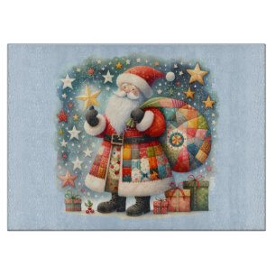 Quilted Patchwork Santa with Christmas Stars Cutting Board