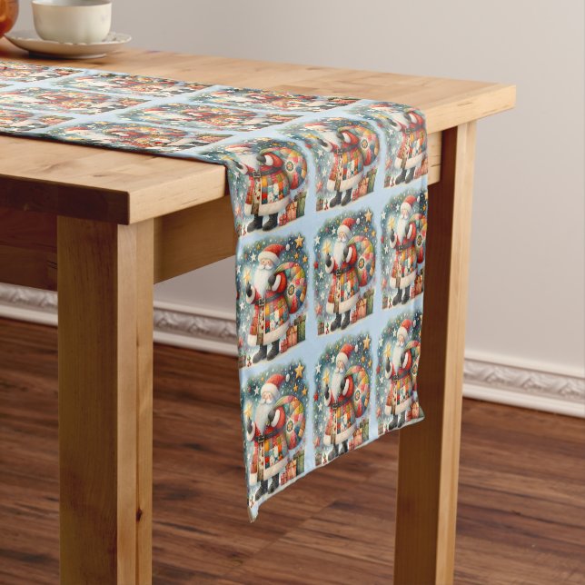 Quilted Patchwork Santa with Christmas Stars Short Table Runner (In Situ)