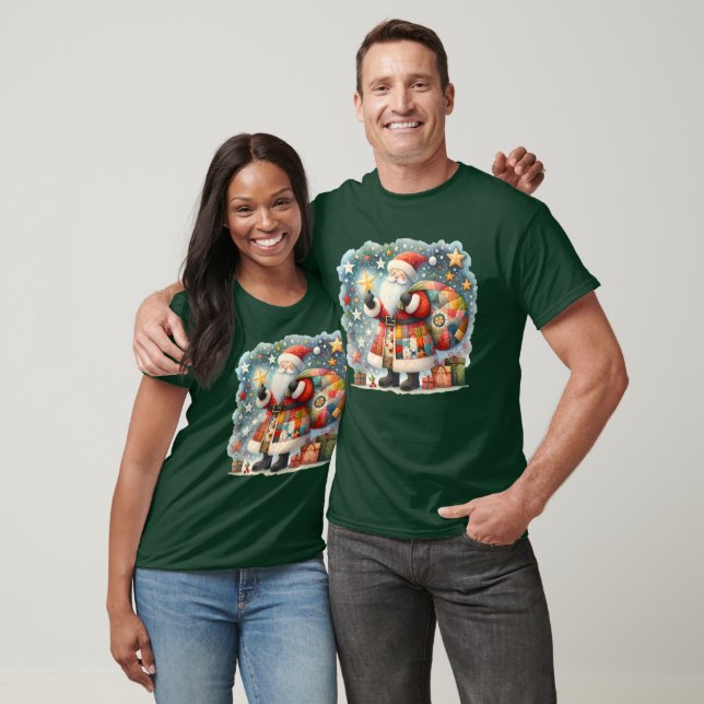 Quilted Patchwork Santa with Christmas Stars T-Shirt (Unisex)