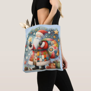 Quilted Patchwork Santa with Christmas Stars Tote Bag