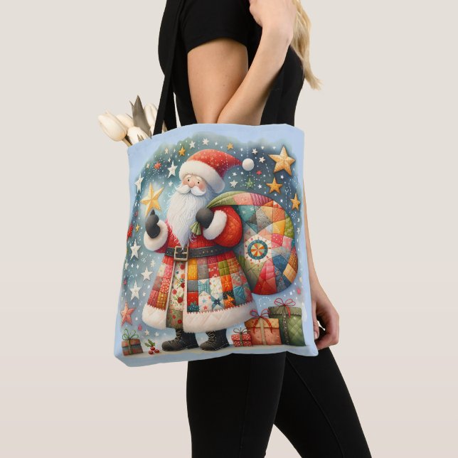 Quilted Patchwork Santa with Christmas Stars Tote Bag (Close Up)
