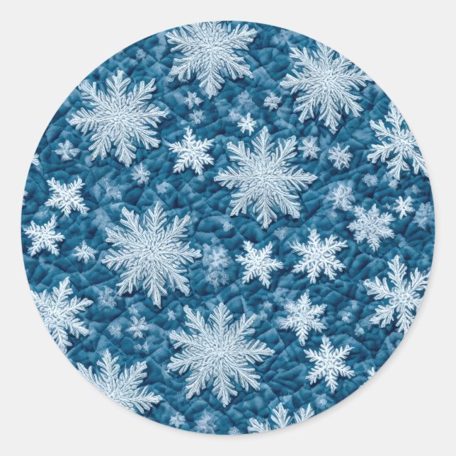 Quilted Pattern Blue and White Snowflakes Classic Round Sticker (Front)
