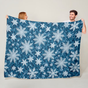Quilted Pattern Blue and White Snowflakes Fleece Blanket