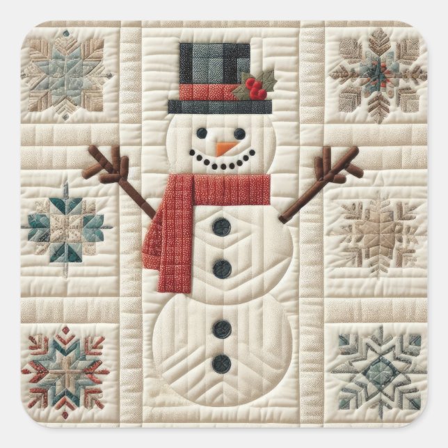 Quilted Pattern of Snowman Square Sticker (Front)