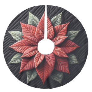 Quilted Pattern Poinsettia Black Brushed Polyester Tree Skirt