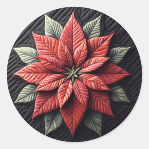 Quilted Pattern Poinsettia Black Classic Round Sticker