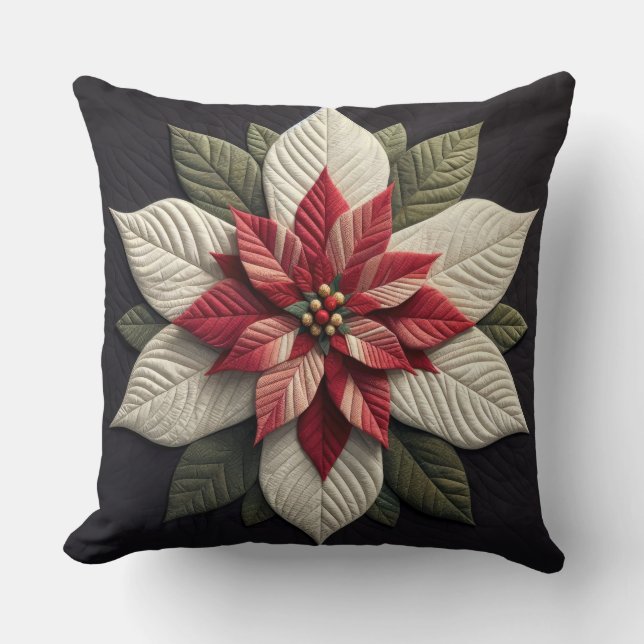 Quilted Pattern Poinsettia Black Cushion (Front)