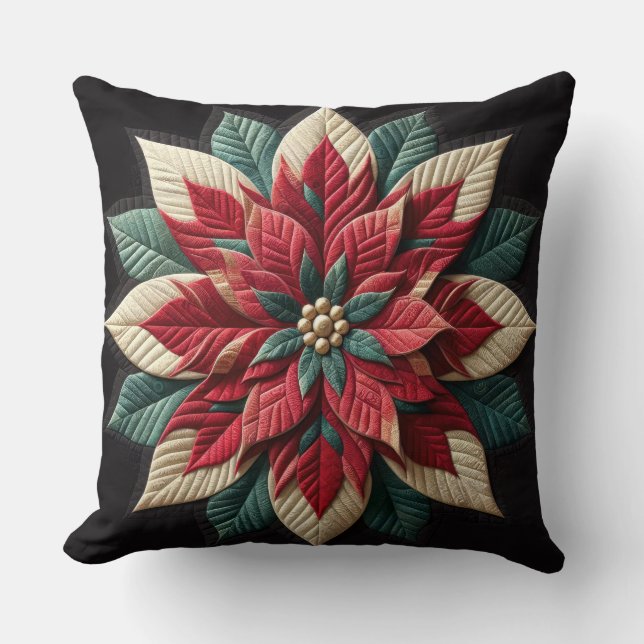 Quilted Pattern Poinsettia Black Cushion (Front)
