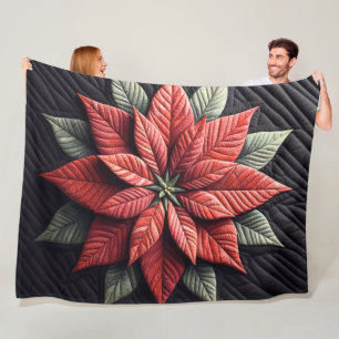 Quilted Pattern Poinsettia Black Fleece Blanket
