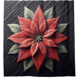 Quilted Pattern Poinsettia Black Shower Curtain