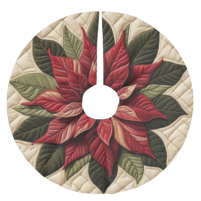 Quilted Pattern Poinsettia Cream Brushed Polyester Tree Skirt (Front)