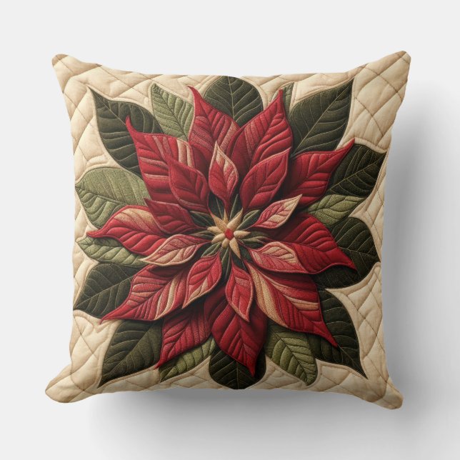 Quilted Pattern Poinsettia Cream Cushion (Front)