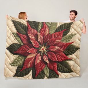 Quilted Pattern Poinsettia Cream Fleece Blanket