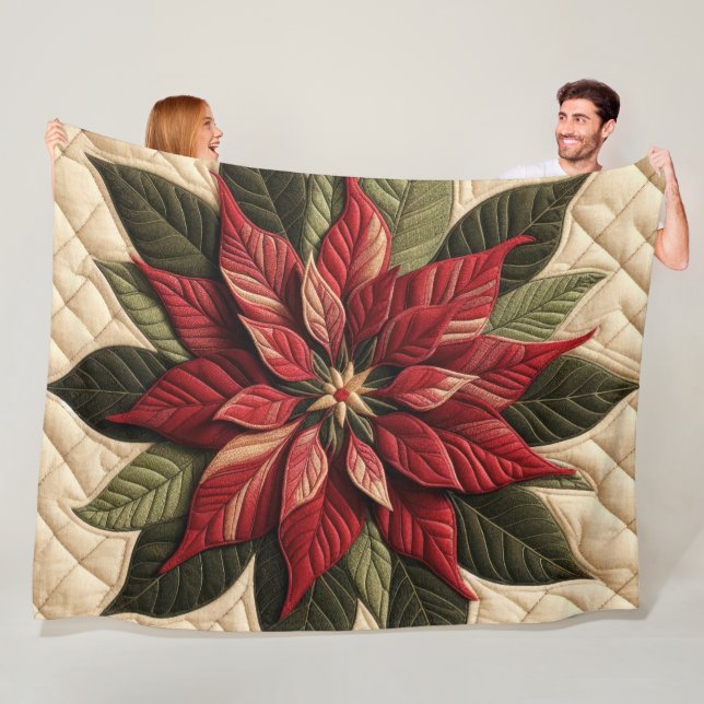 Quilted Pattern Poinsettia Cream Fleece Blanket (In Situ)