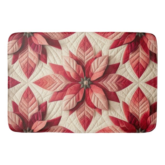 Quilted Pattern Poinsettia Cream Red Bath Mat (Front)