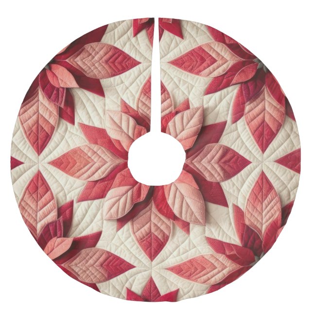 Quilted Pattern Poinsettia Cream Red Brushed Polyester Tree Skirt (Front)