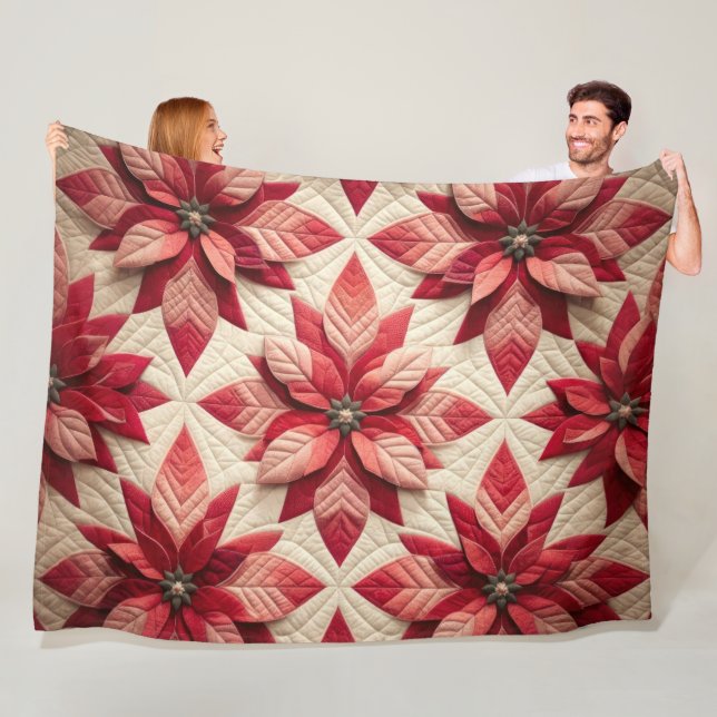 Quilted Pattern Poinsettia Cream Red Fleece Blanket (In Situ)