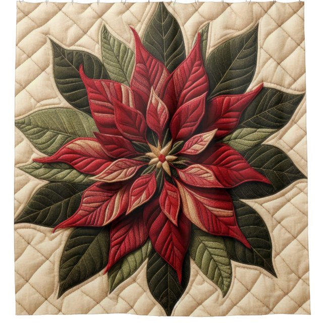Quilted Pattern Poinsettia Cream Shower Curtain (Front)