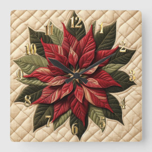 Quilted Pattern Poinsettia Cream Square Wall Clock