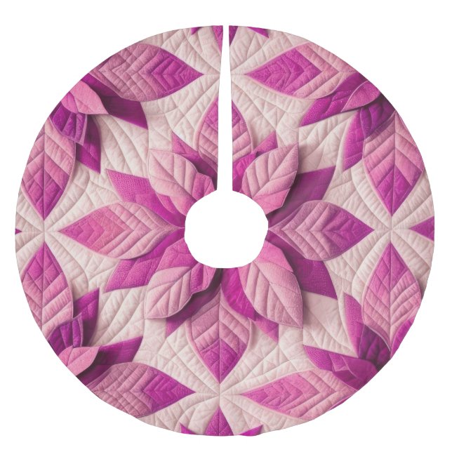 Quilted Pattern Poinsettia Pink Brushed Polyester Tree Skirt (Front)