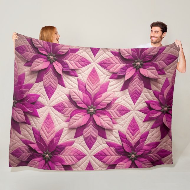Quilted Pattern Poinsettia Pink Fleece Blanket (In Situ)