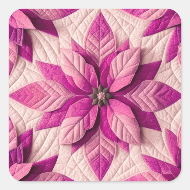 Quilted Pattern Poinsettia Pink Square Sticker (Front)