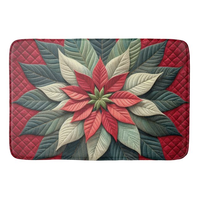 Quilted Pattern Poinsettia Red Bath Mat (Front)