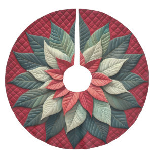 Quilted Pattern Poinsettia Red Brushed Polyester Tree Skirt
