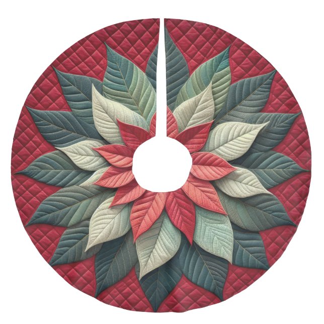 Quilted Pattern Poinsettia Red Brushed Polyester Tree Skirt (Front)