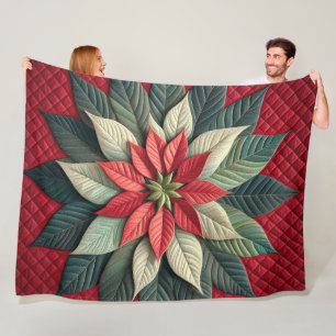 Quilted Pattern Poinsettia Red Fleece Blanket