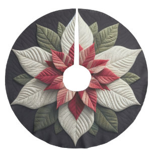 Quilted Pattern Poinsettia Red Green Black Brushed Polyester Tree Skirt