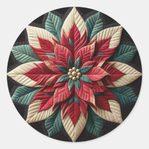 Quilted Pattern Poinsettia Red Green Black Classic Round Sticker