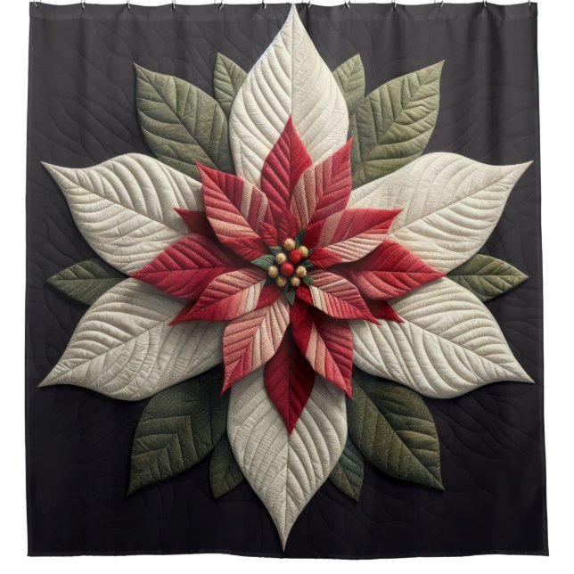 Quilted Pattern Poinsettia Red Green Black Shower Curtain (Front)