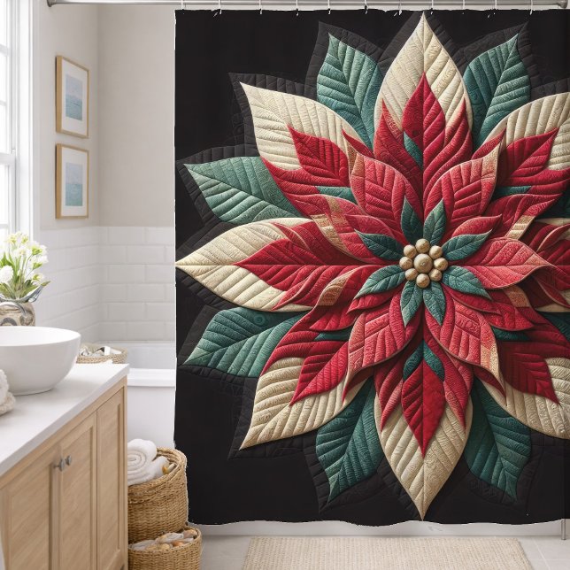 Quilted Pattern Poinsettia Red Green Black Shower Curtain (Creator Uploaded)