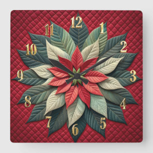 Quilted Pattern Poinsettia Red Square Wall Clock