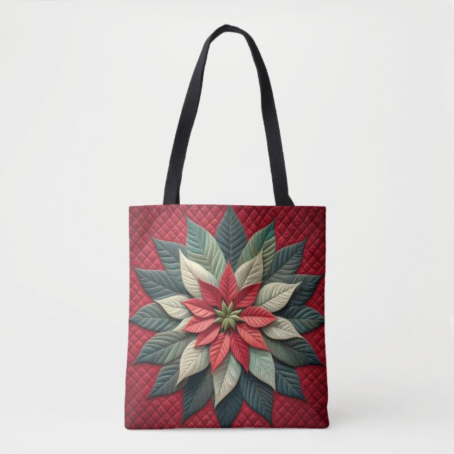 Quilted Pattern Poinsettia Red Tote Bag (Front)