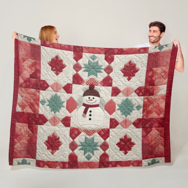 Quilted Pattern Snowman Red White Green Fleece Blanket (In Situ)