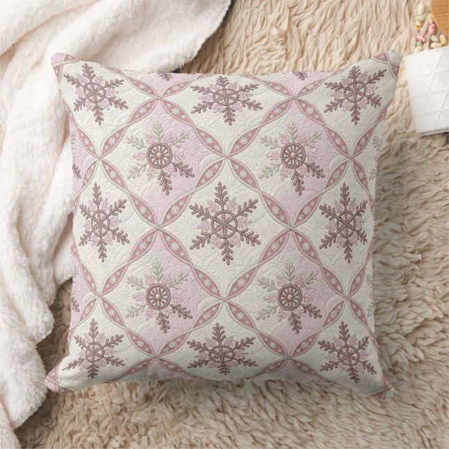 Quilted Pink Snowflake Pattern Winter Cushion (Blanket)