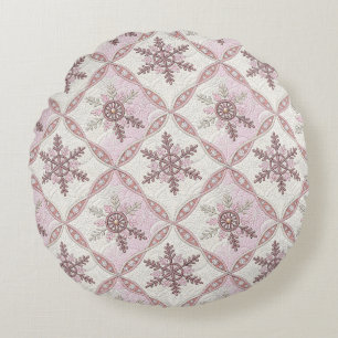 Quilted Pink Snowflake Pattern Winter Round Cushion
